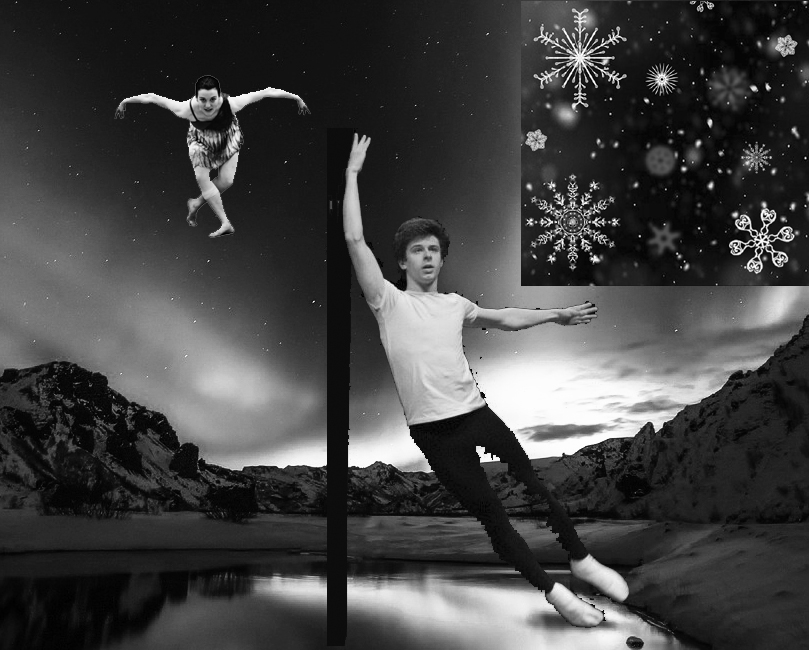 Northern Lights Grayscale with modern dancers & snowflakes