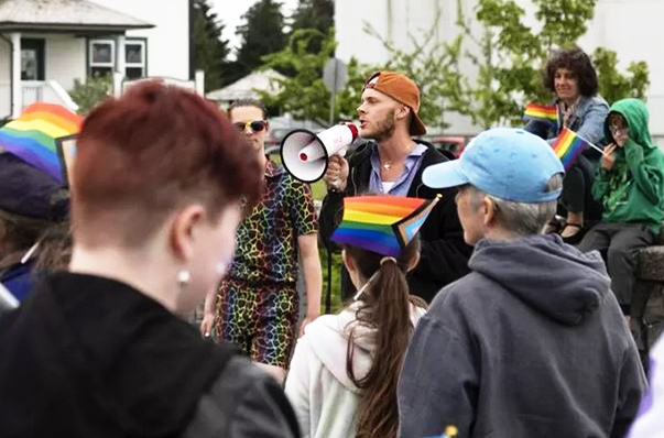 Sitka Pride gathering with Mossbach megaphone